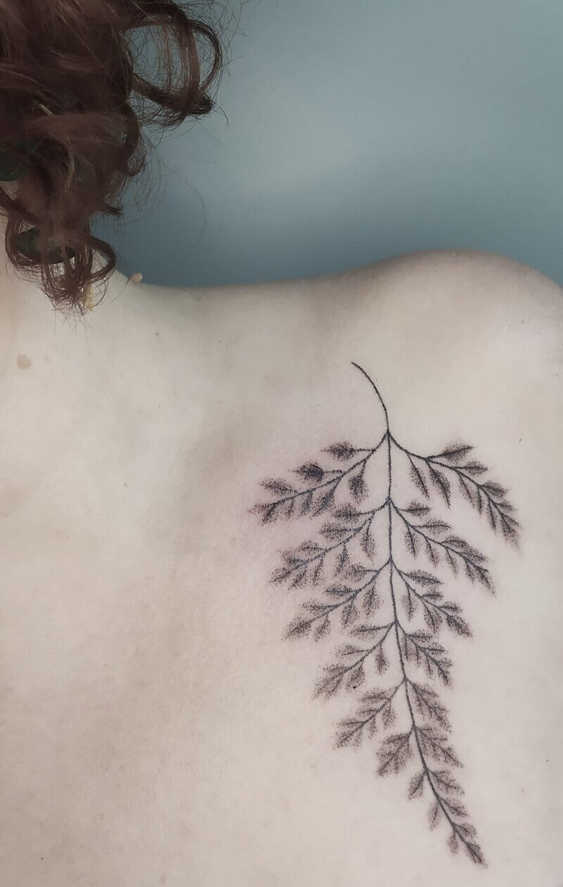 Une feuille de fougère tatouage handpoke sur l'épaule